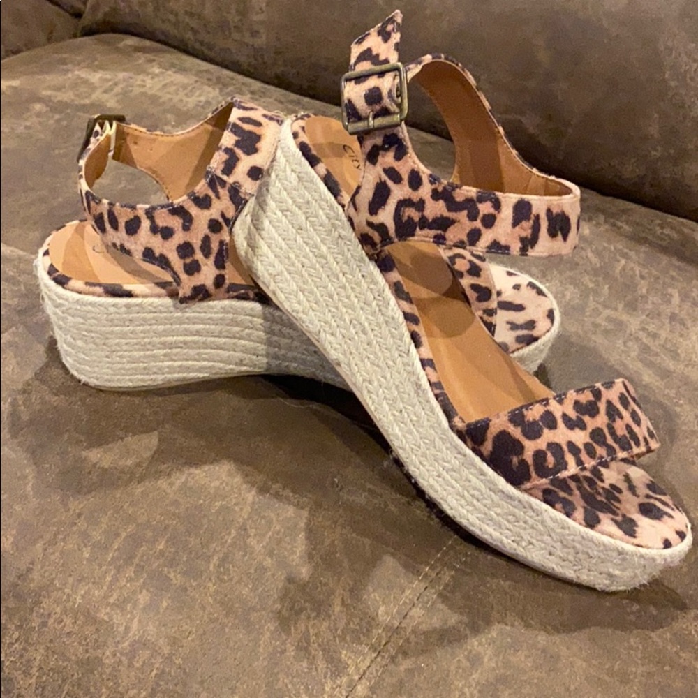 Leopard Print Wedge Sandals worn once